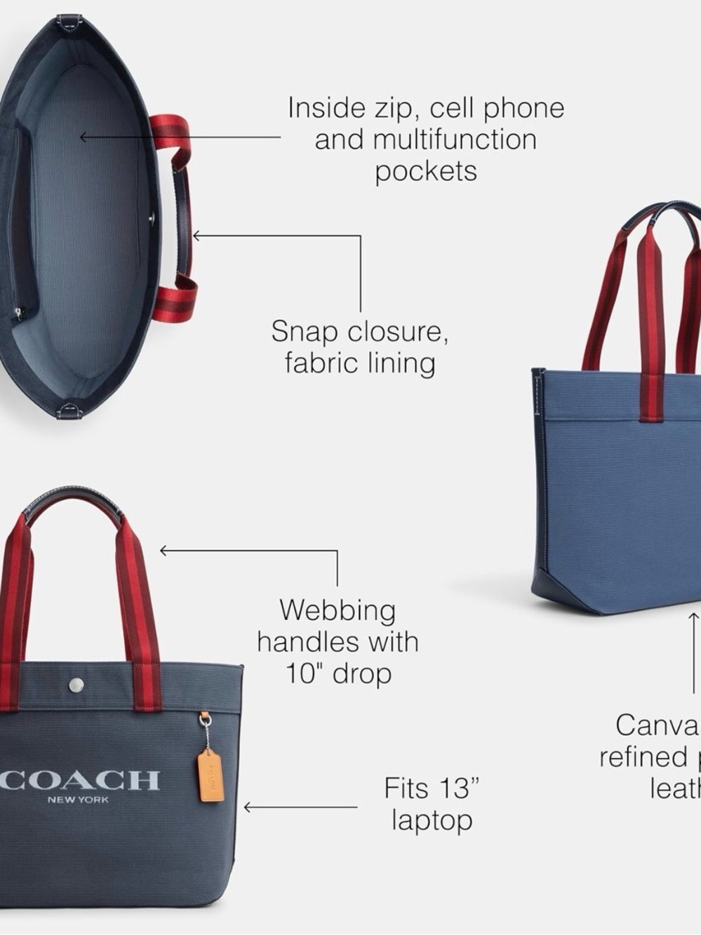 Coach Navy Canvas Tote with Red Striped Handles - Picture 4 of 5